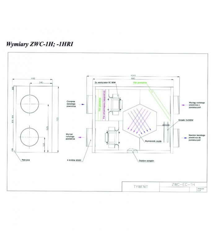 Wymiary rekuperatora ZWC-EC 1H