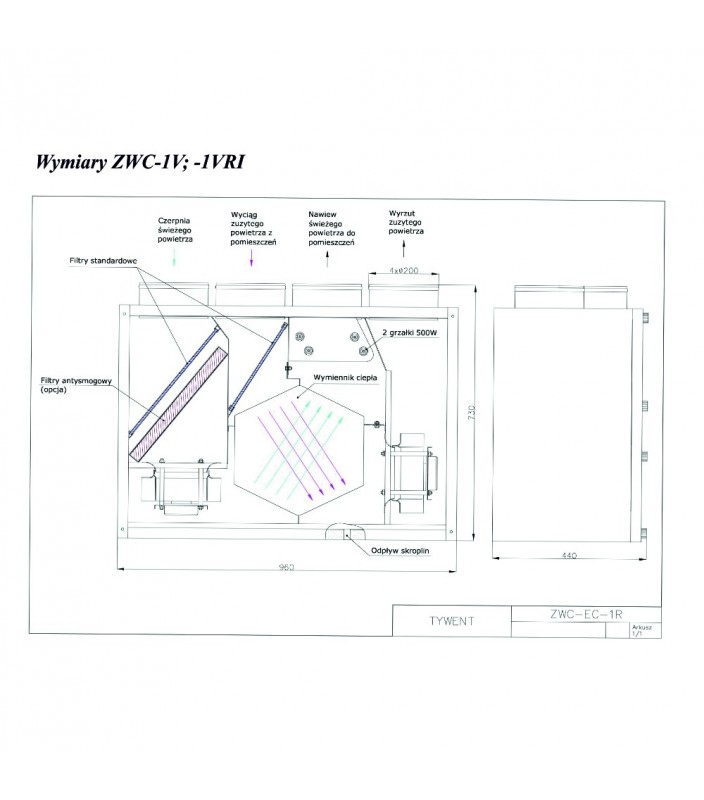 Wymiary rekuperatora ZWC-EC 1VS