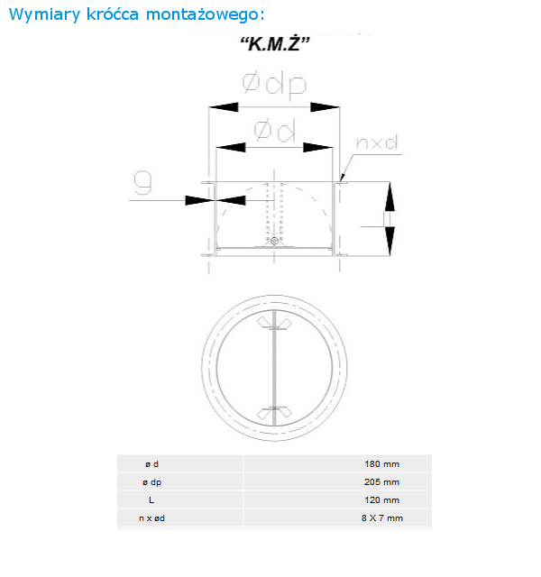 Wymiary króćca montażowego KMZ-180